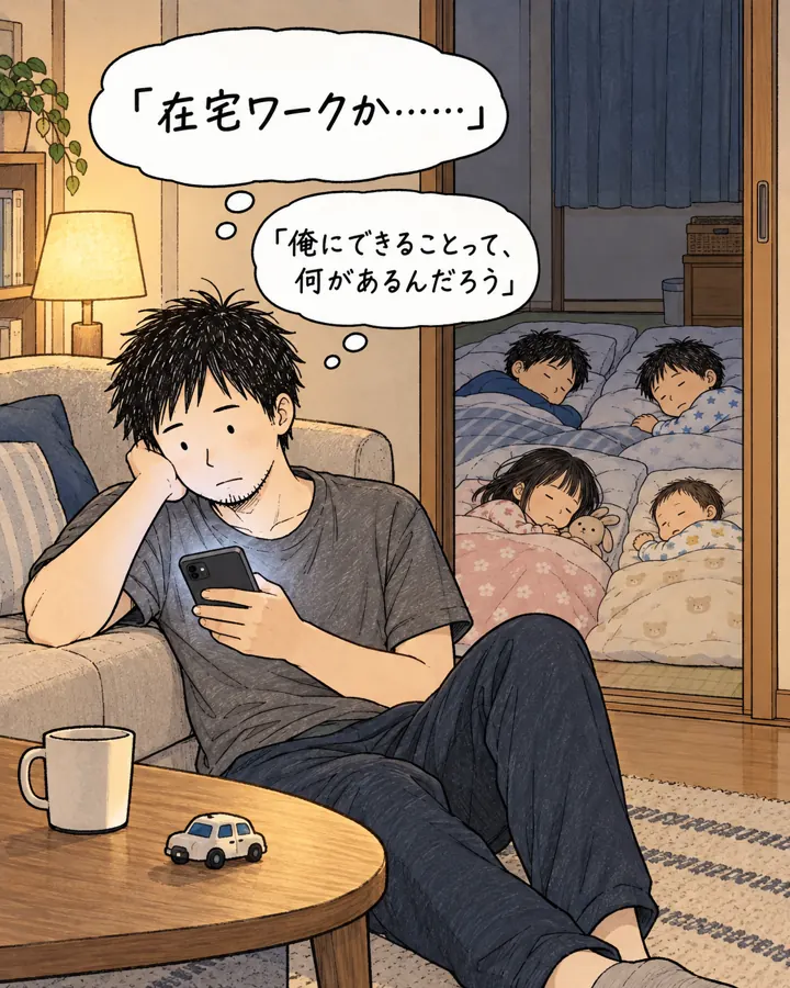 夜、子ども4人が寝た部屋の手前で、スマホを見るれんじ。「在宅ワークか……」「俺にできることって、何があるんだろう」