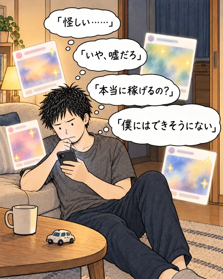 スレッズの稼げる系の投稿に囲まれて「怪しい……」「いや、嘘だろ」「本当に稼げるの？」「僕にはできそうにない」