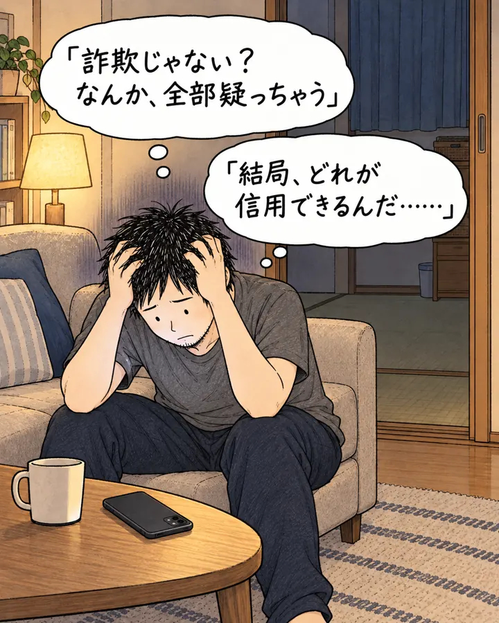 スマホを伏せて頭を抱える。「詐欺じゃない？なんか、全部疑っちゃう」「結局、どれが信用できるんだ……」