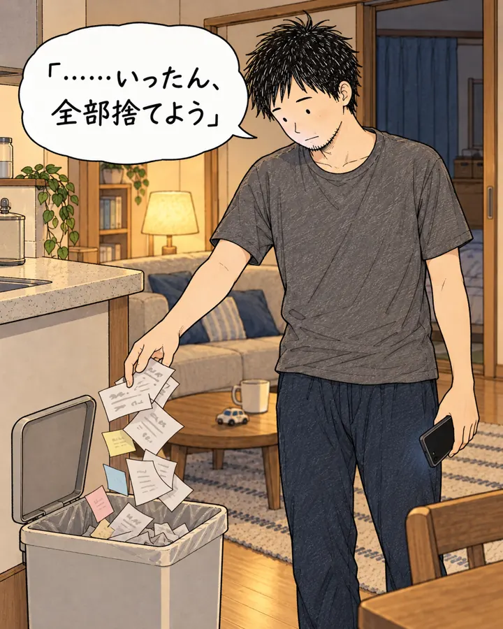 集めたメモをゴミ箱へ。「……いったん、全部捨てよう」