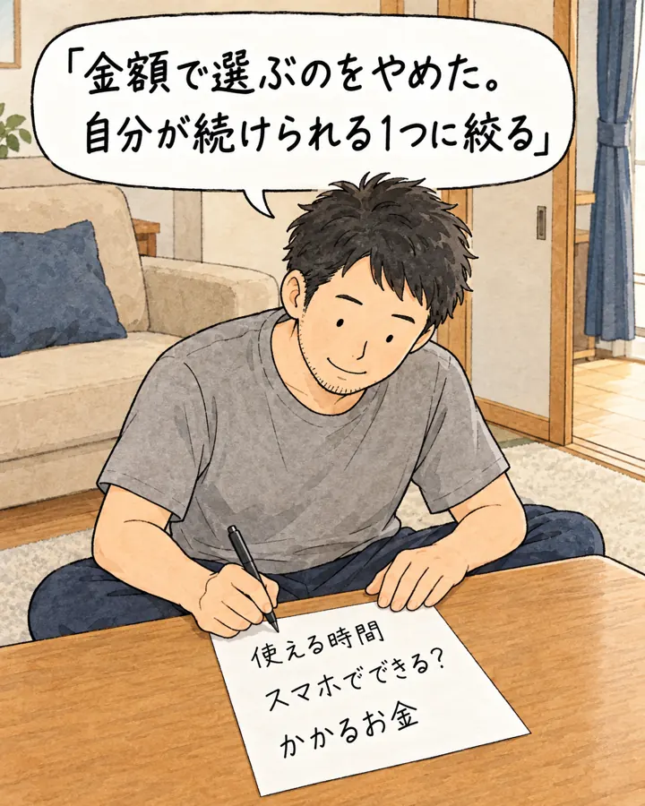 紙に「使える時間」「スマホでできる？」「かかるお金」と書く。「金額で選ぶのをやめた。自分が続けられる1つに絞る」