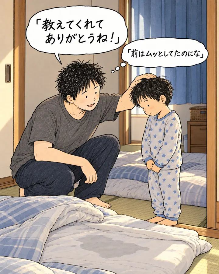おねしょの朝、次男の頭をなでて「教えてくれてありがとうね！」。心の声「前はムッとしてたのにな」
